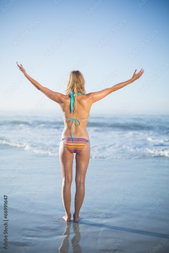 Blonde standing on the beach in bikini with arms out Blonde standing on the beach in bikini with arms out
