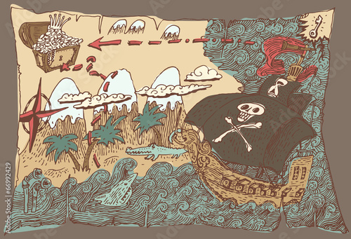 Island Treasure Map (pirate map), engraved illustration