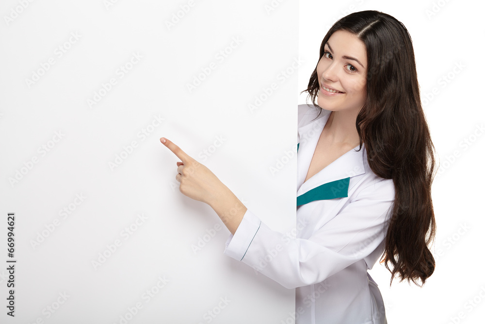 medical doctor woman smile hold blank card board medical doctor woman smile hold blank card board
