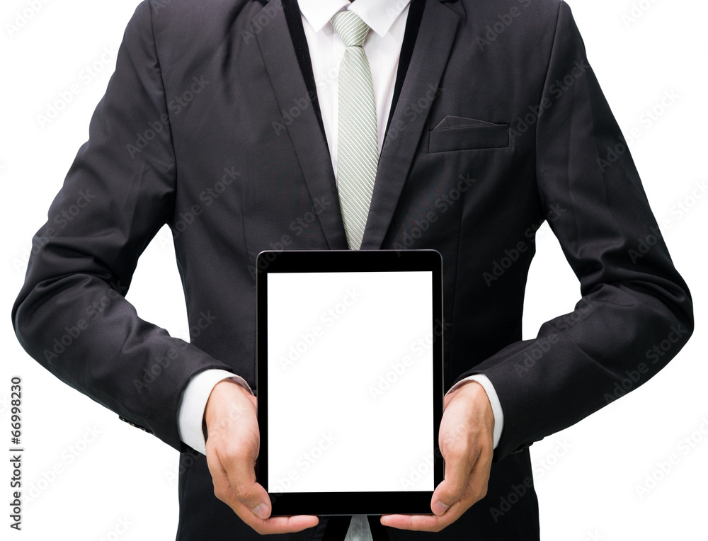 Businessman standing posture hand holding blank tablet Businessman standing posture hand holding blank tablet