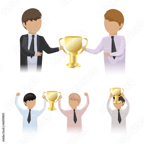 Business Team Holding A Gold Trophy - Isolated On White