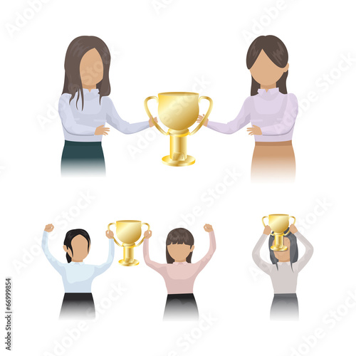 Business Team Holding A Gold Trophy - Isolated On White