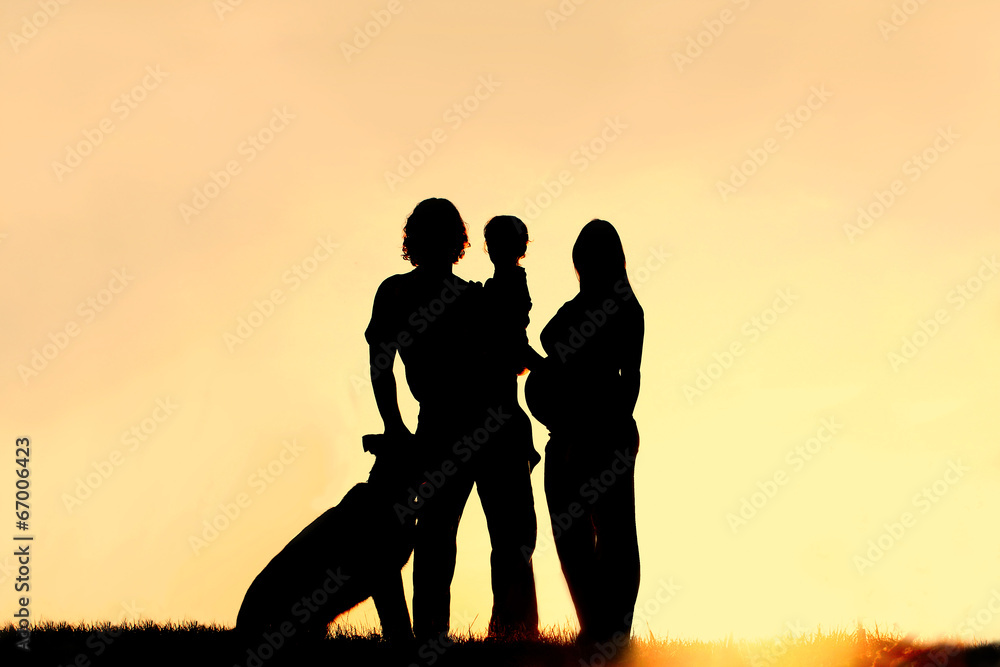 Silhouette of Family with Dog and Pregnant Mother at Sunset