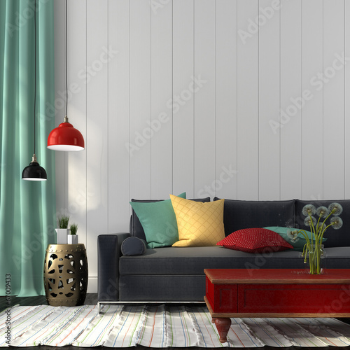 Style interior with dark blue sofa and a red table