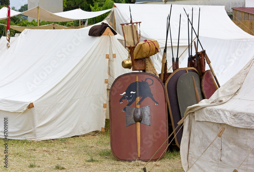 Fényképezés War Equipment in an Ancient Roman Encampment
