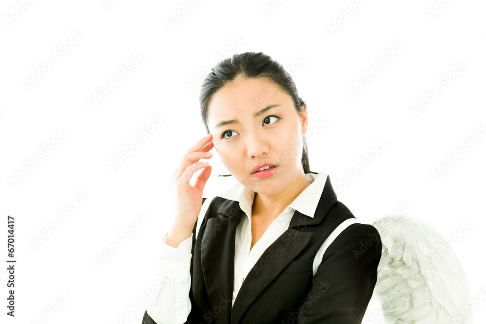Asian young businesswoman dressed up as white angel in deep Asian young businesswoman dressed up as white angel in deep