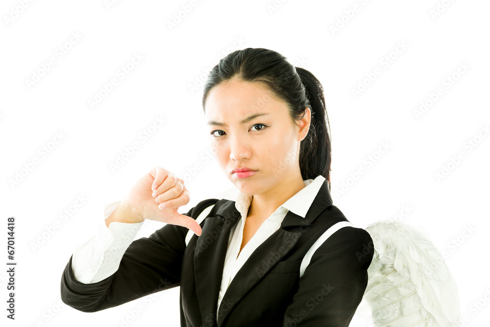 Angel side of a young Asian businesswoman showing thumbs down Angel side of a young Asian businesswoman showing thumbs down
