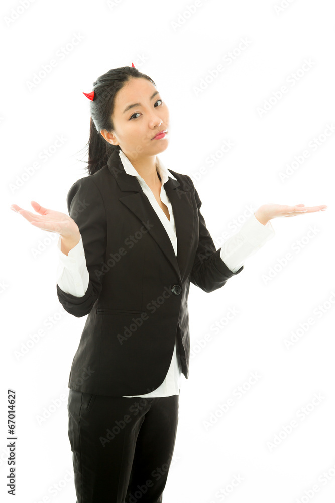 Devil side of a young Asian businesswoman shrugging isolated on Devil side of a young Asian businesswoman shrugging isolated on