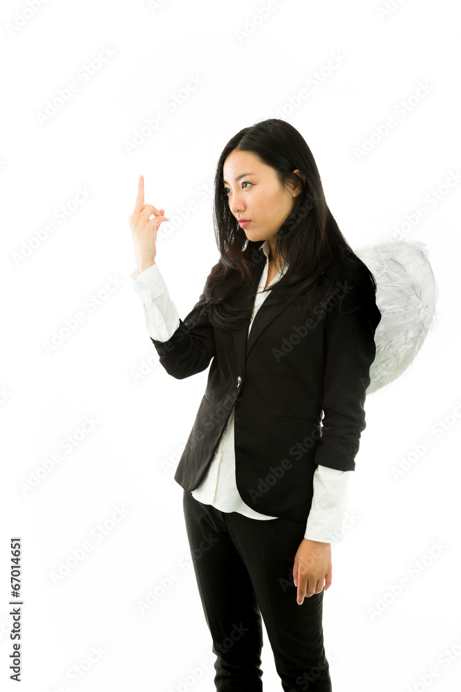 Asian young businesswoman dressed up as an angel pointing up Asian young businesswoman dressed up as an angel pointing up