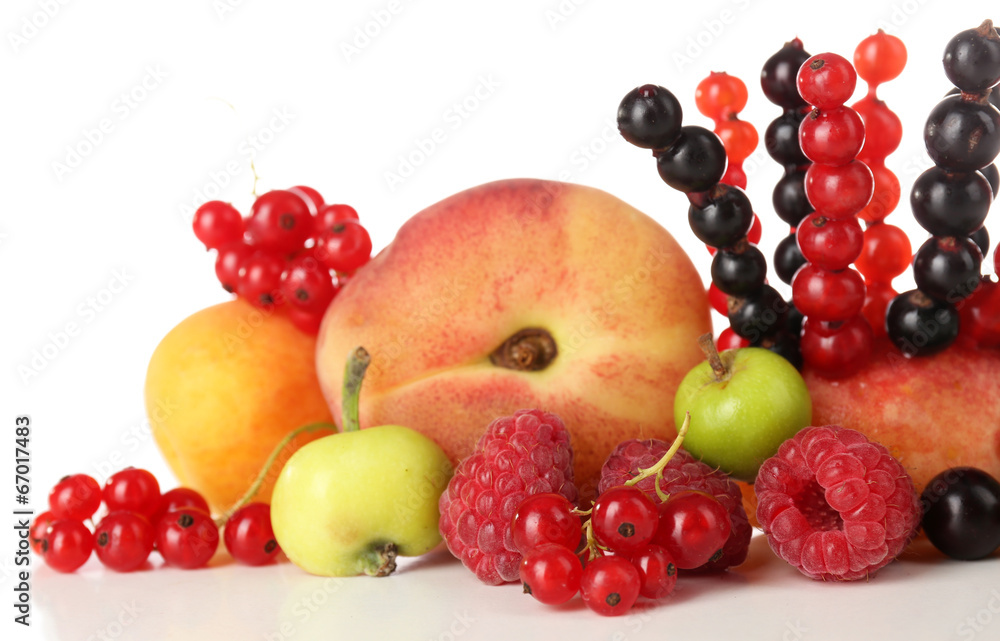 Fresh fruits and berries for healthy snack isolated on white Fresh fruits and berries for healthy snack isolated on white