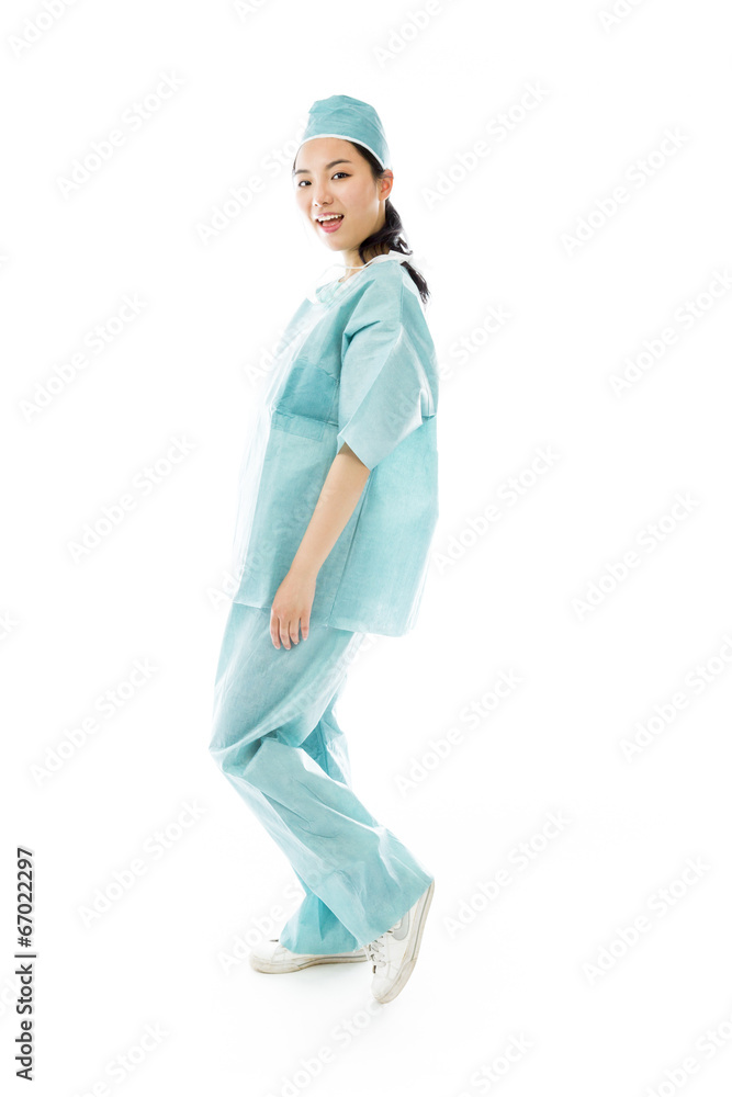 Asian female surgeon turning back isolated on white background Asian female surgeon turning back isolated on white background