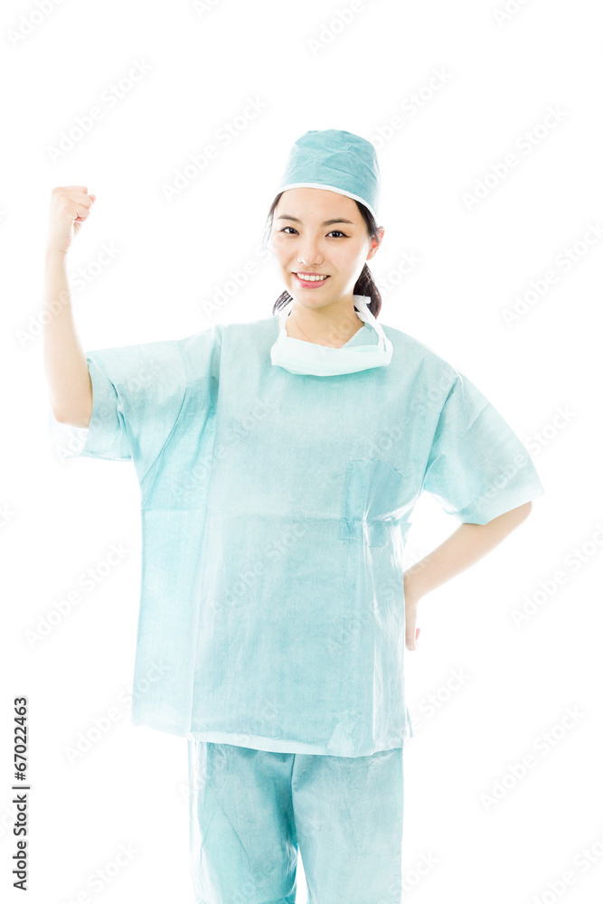 Asian female surgeon showing flexing biceps Asian female surgeon showing flexing biceps