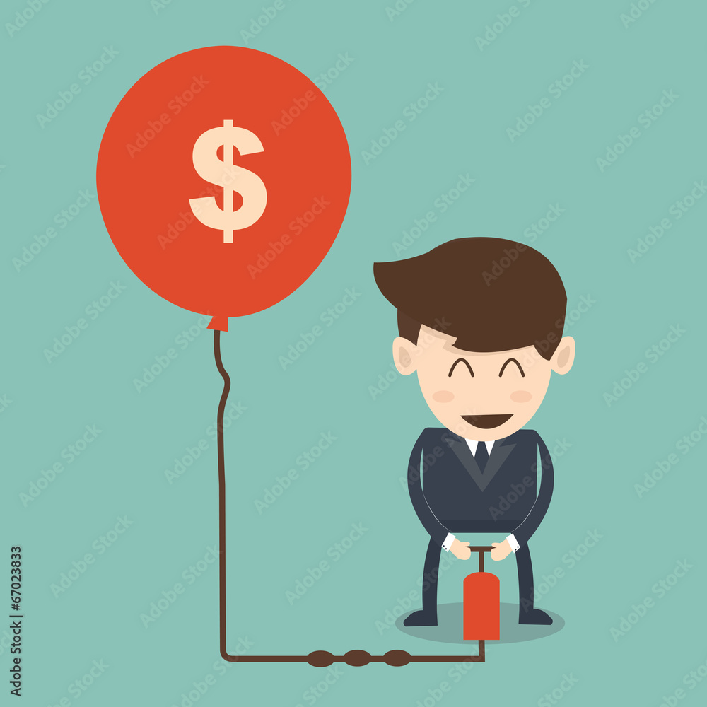 Higher rates concept - businessman pumping air in dollar ballo Higher rates concept - businessman pumping air in dollar ballo