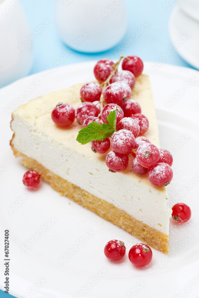 piece of cheesecake with red currant, close-up piece of cheesecake with red currant, close-up