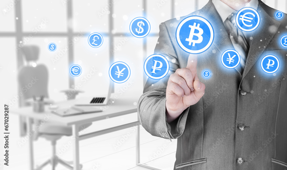 Choosing bitcoins, businessman pressing touch screen button. Choosing bitcoins, businessman pressing touch screen button.
