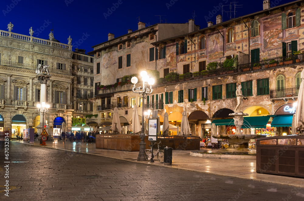 Night view of the Piazza delle Erbe in center of Verona, Italy