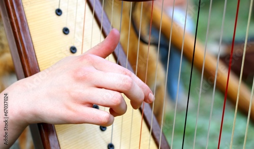 Obraz na plátně hand while plucking the strings of a harp