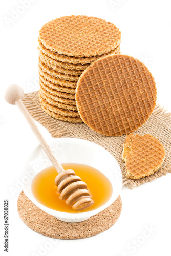 Dutch Waffles with honey on white background