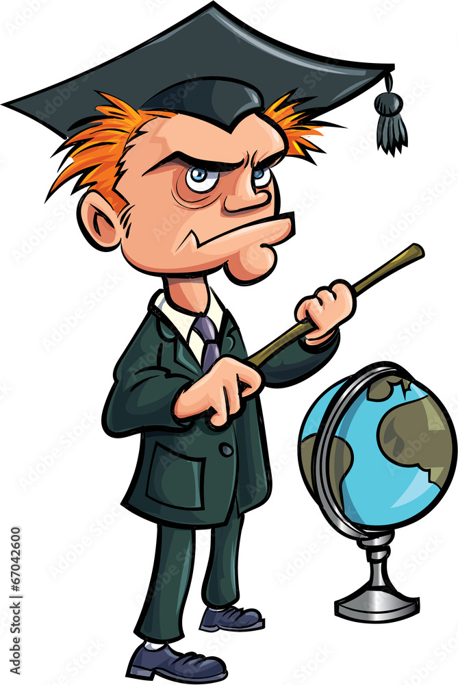 Cartoon crazy teacher with a stick and a globe Stock Vector | Adobe Stock