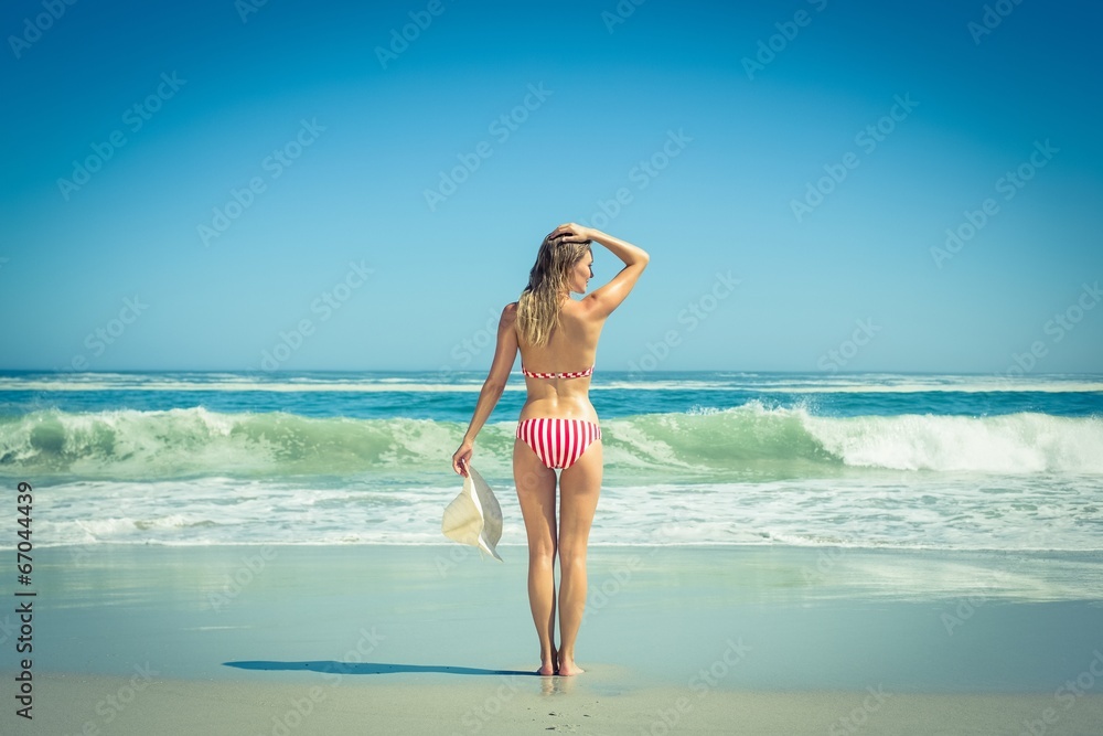 Gorgeous fit woman in striped bikini and sunhat at beach Gorgeous fit woman in striped bikini and sunhat at beach