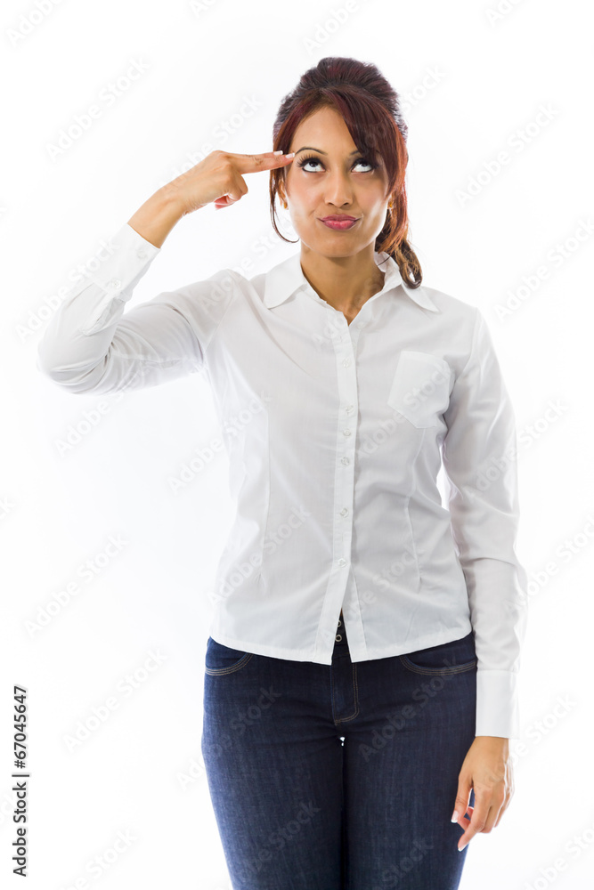 Indian young woman shooting self in head isolated on white Indian young woman shooting self in head isolated on white