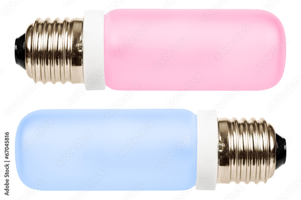 Pink and blue halogen lamps close-up Pink and blue halogen lamps close-up
