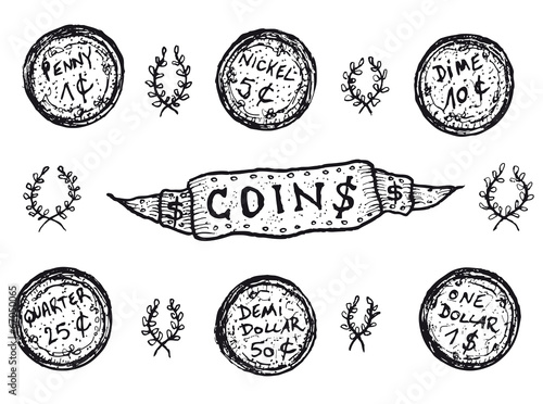 Doodle Set Of US Coins