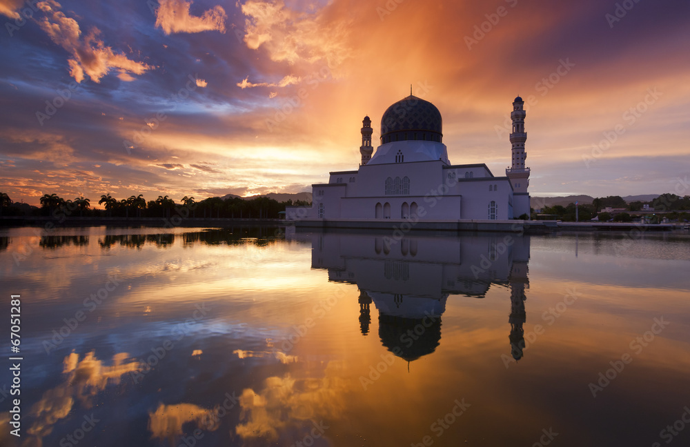 Kota Kinabalu city mosque at sunrise in Sabah, Malaysia