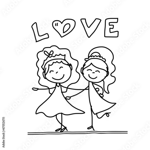 hand drawing cartoon happy couple wedding