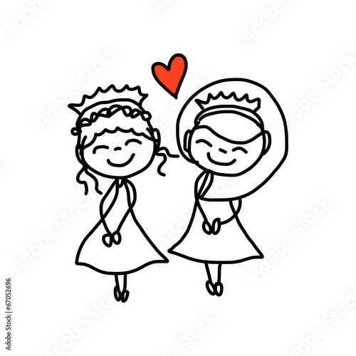 hand drawing cartoon happy couple wedding