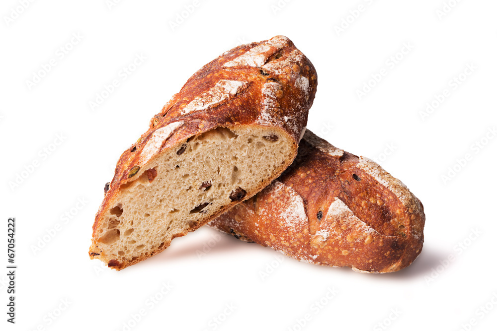 Cereal bread with raisins isolated on white background Cereal bread with raisins isolated on white background