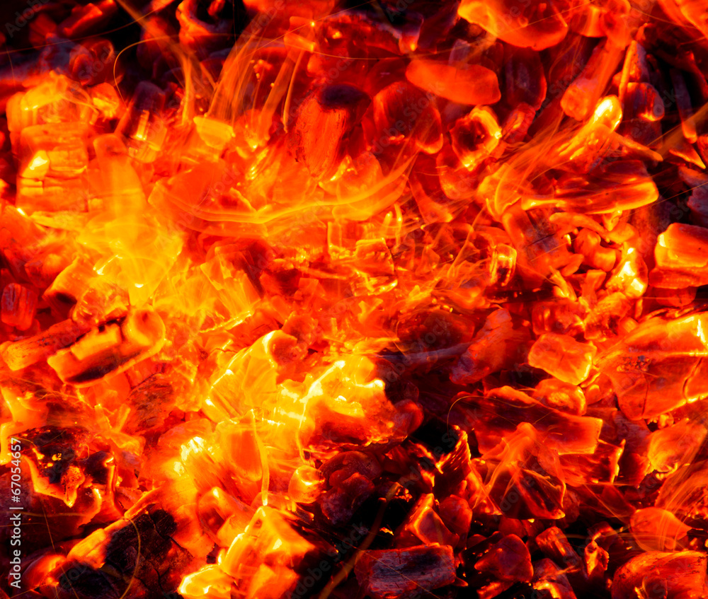 Campfire with burning firewood on foreground closeup