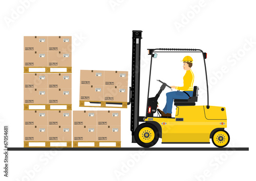 Forklift operations concept. Forklift truck stacks pallets with cardboard boxes. Side view. Flat vector.