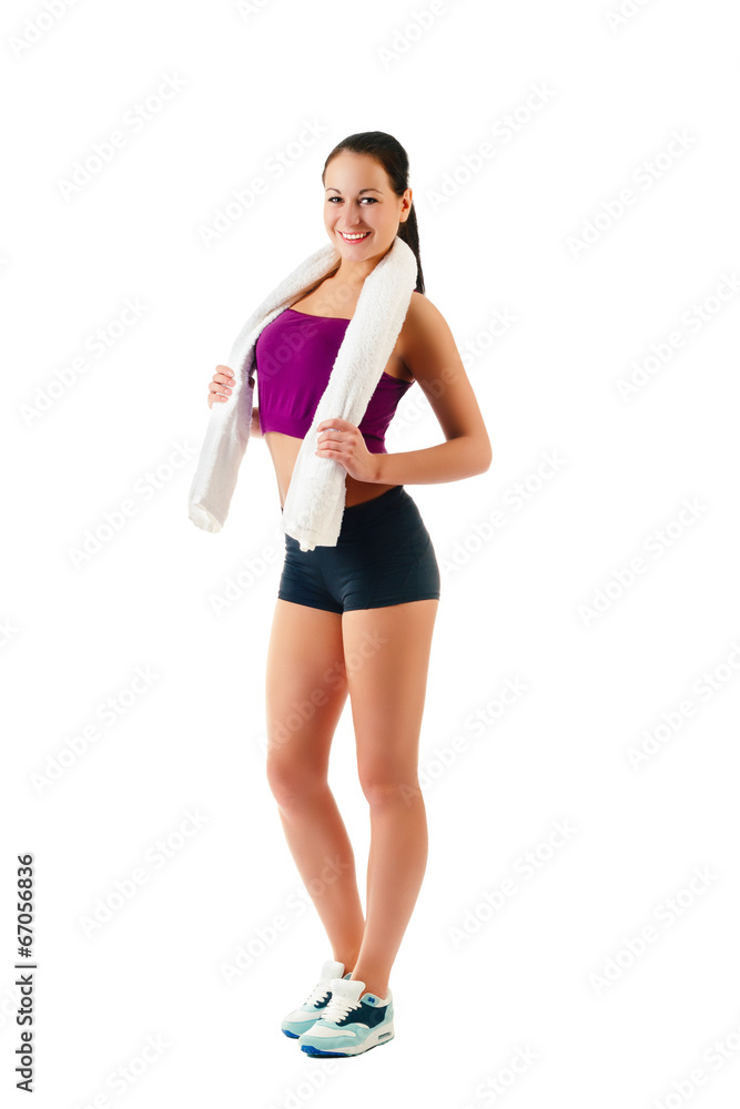 young woman with towel on neck stands young woman with towel on neck stands