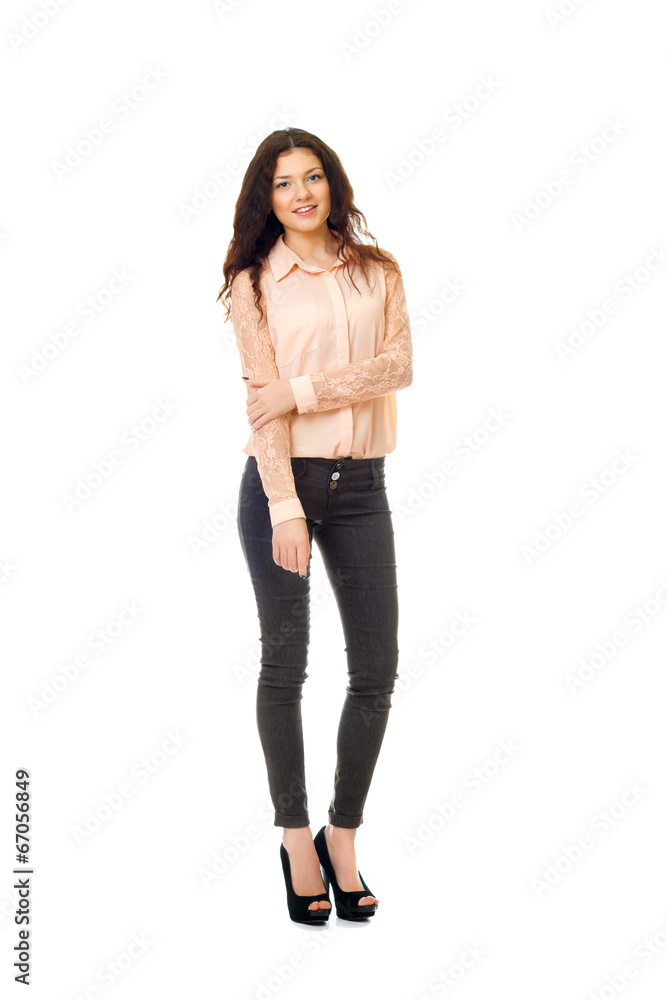 brown-haired woman in dark jeans and light shirt brown-haired woman in dark jeans and light shirt