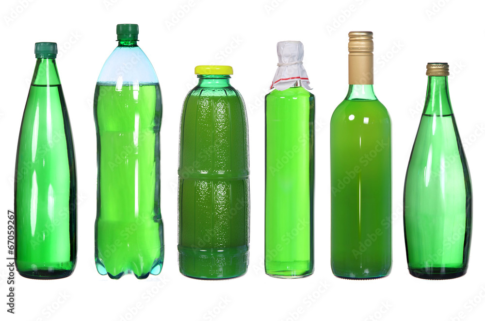set of green bottles isolated on white set of green bottles isolated on white