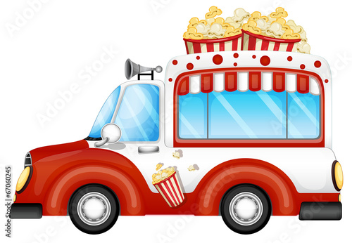 A red vehicle selling popcorns
