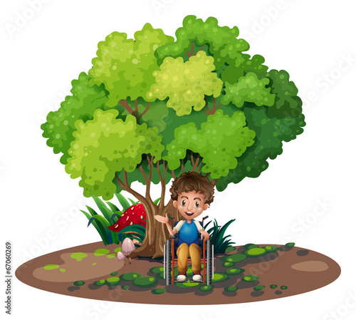 A boy with a wheelchair near the tree