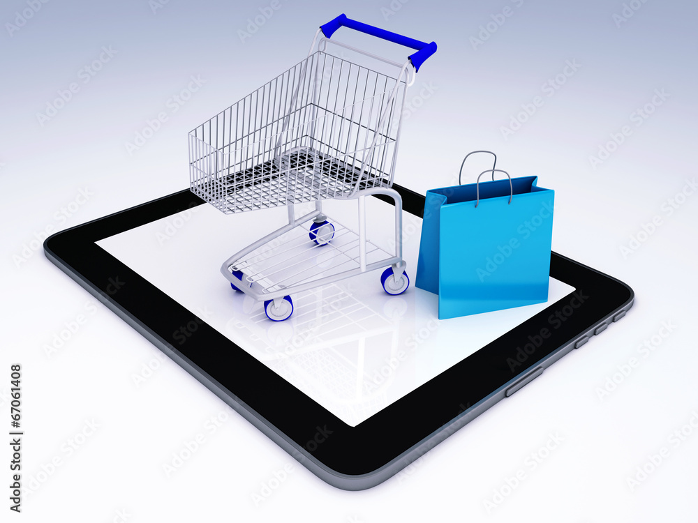 Shopping Cart over Tablet PC. E-commerce Concept.