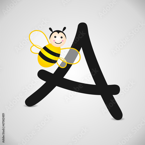 Letra A. Abeja. Abecedario español. Ilustración infantil vectorial
