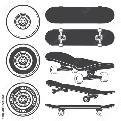 Set of skateboards and skateboarding wheels. photo