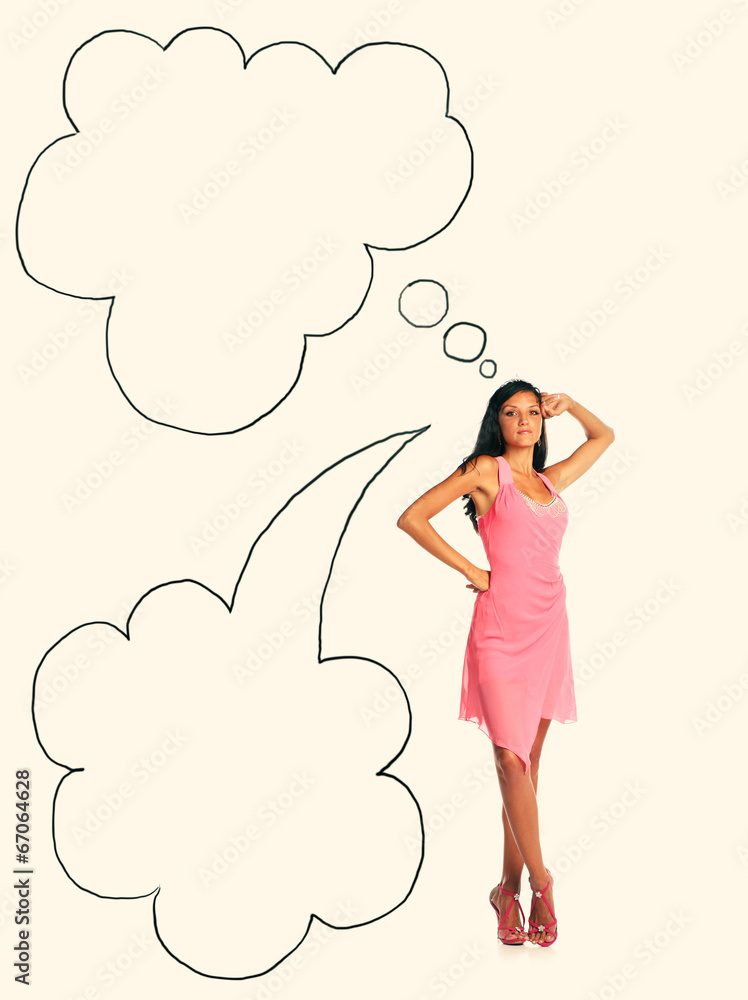 Young magnificent woman in pink dress with a speech bubble Young magnificent woman in pink dress with a speech bubble