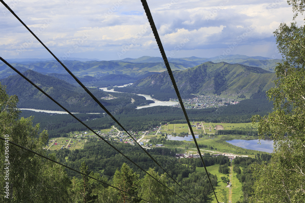 Ski lift and the village Manzherok. Ski lift and the village Manzherok.