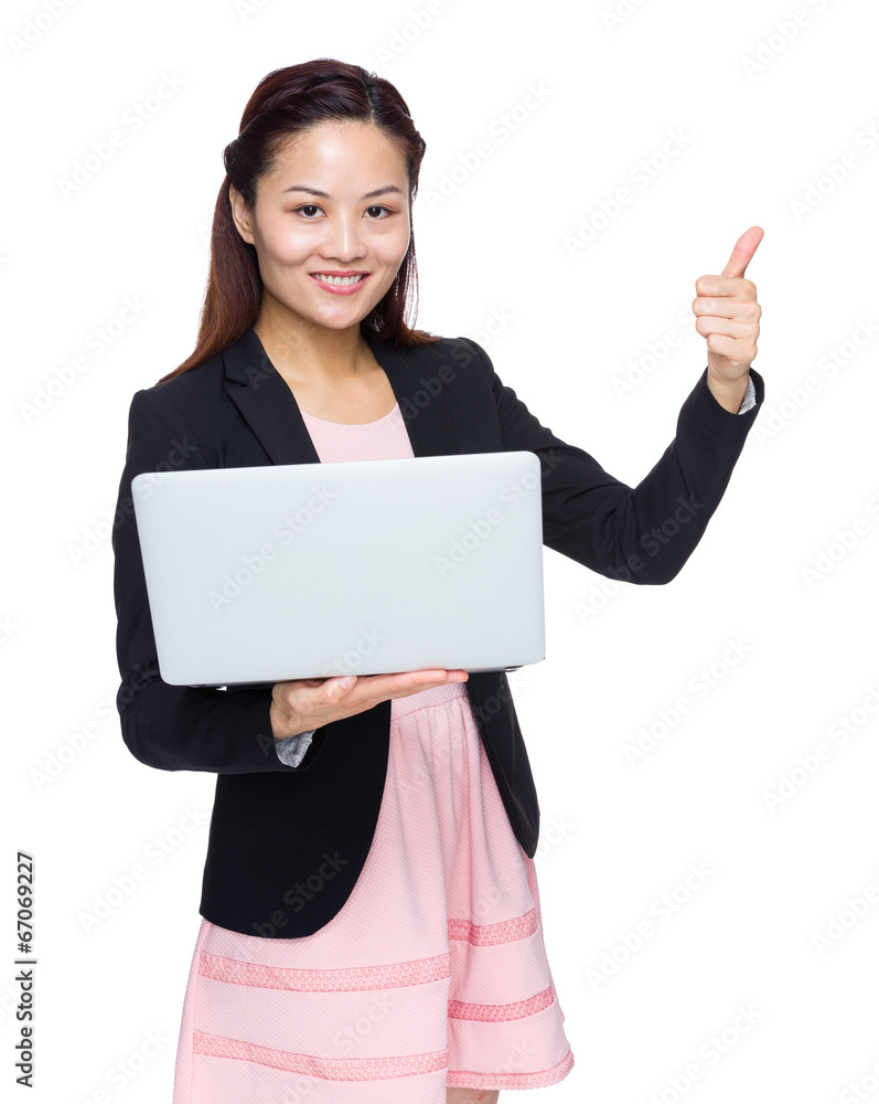Business woman with laptop computer and thumb up Business woman with laptop computer and thumb up