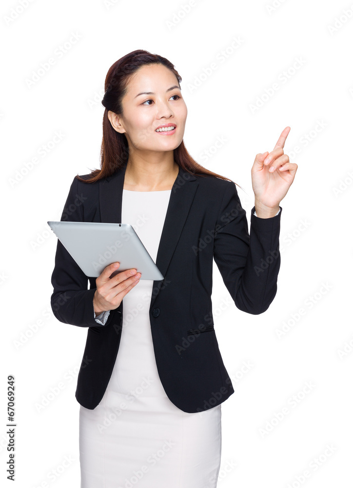 Business woman hold tablet with finger up Business woman hold tablet with finger up