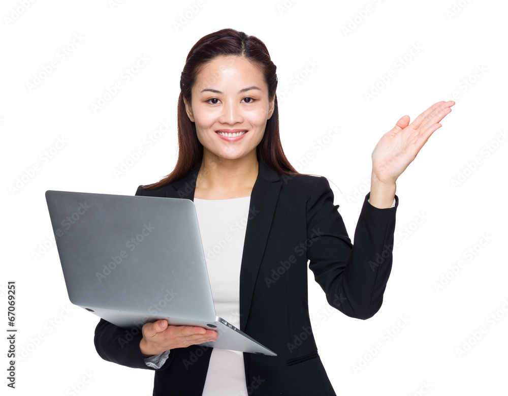 Business woman with laptop computer and hand presentation Business woman with laptop computer and hand presentation