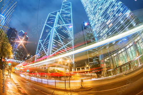 Photography the light trails on the modern building background in hongkong c
