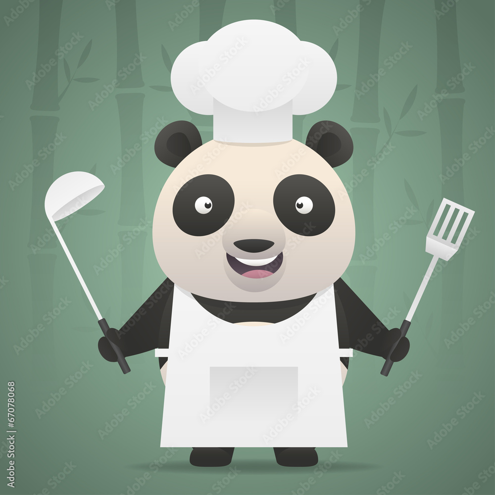 Fototapeta premium Panda chef holds soup ladle and shovel