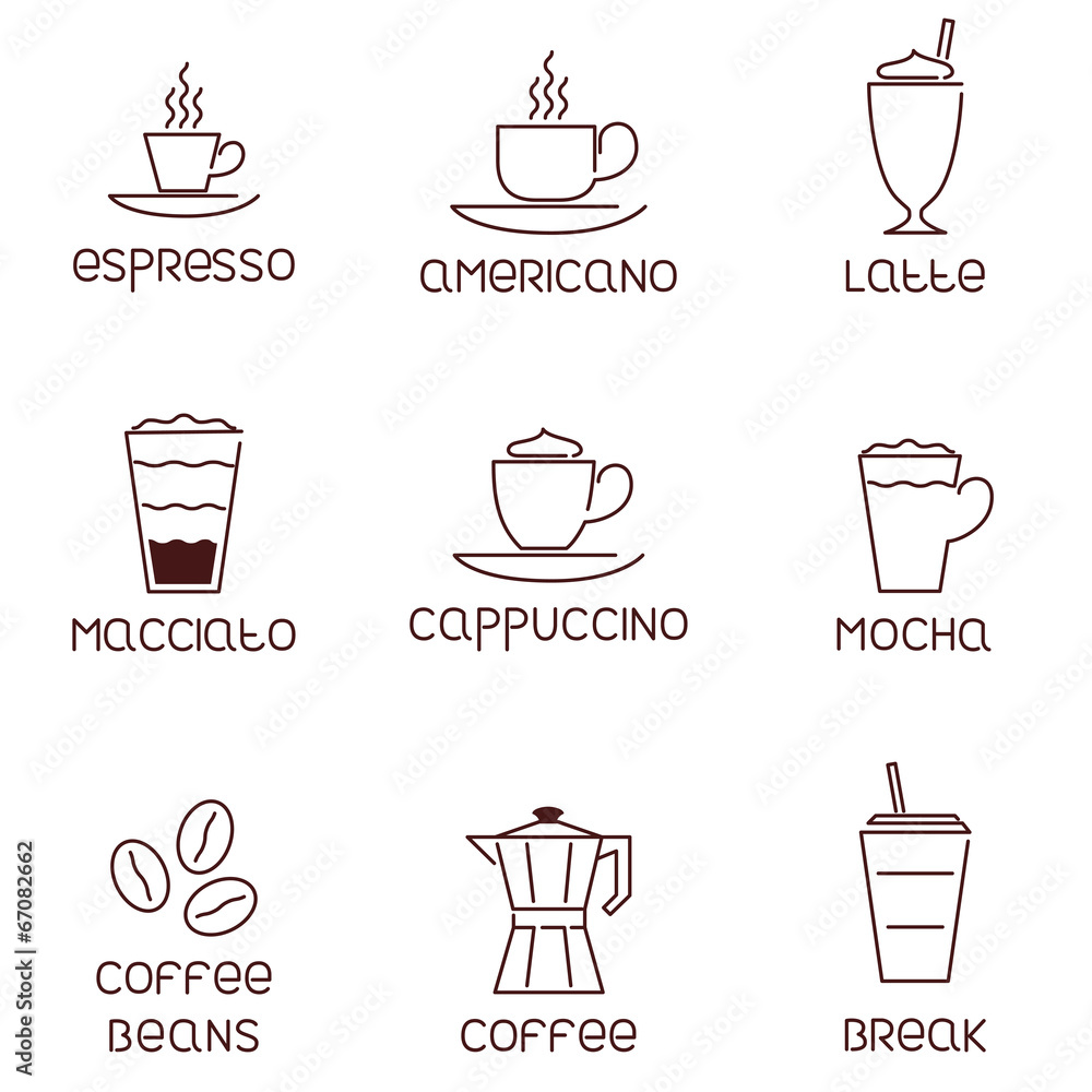 Collection of linear coffee icons with descriptions