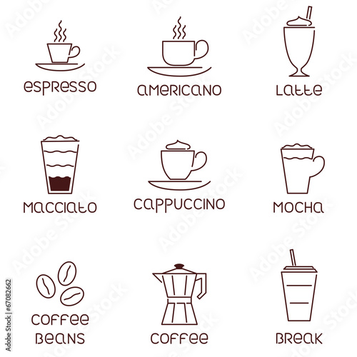 Collection of linear coffee icons with descriptions